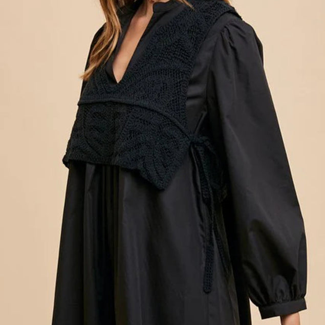 Annie Wear Crochet Vest Notched Long Sleeve Shirt Dress