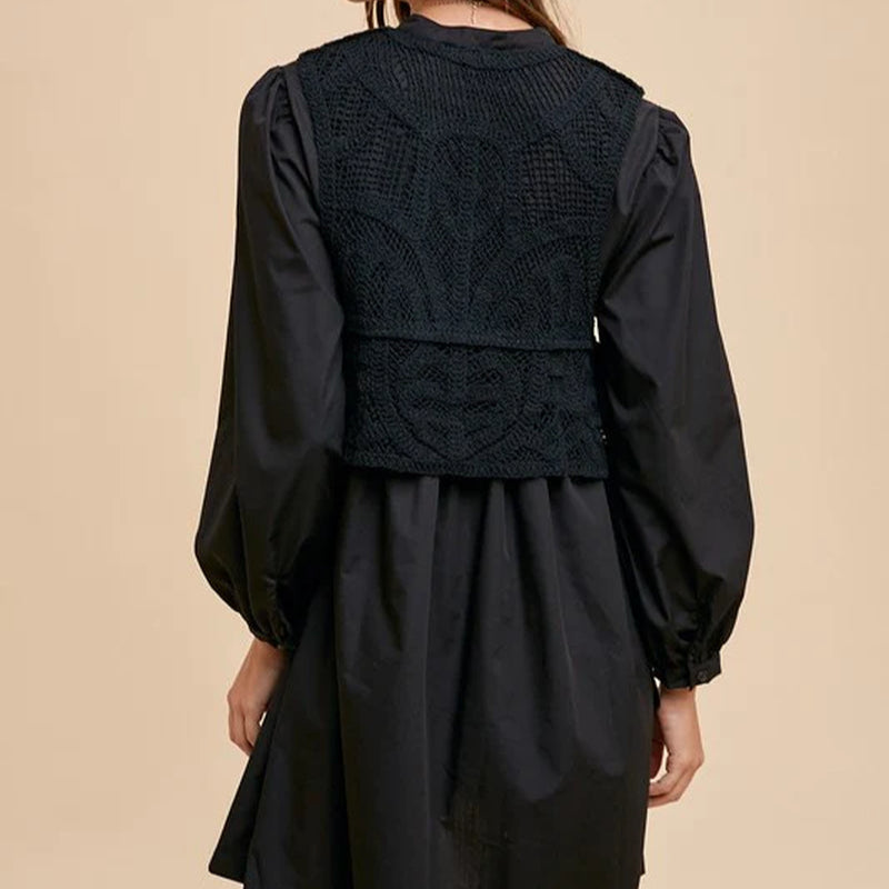 Annie Wear Crochet Vest Notched Long Sleeve Shirt Dress