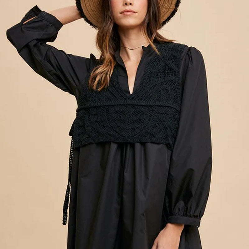 Annie Wear Crochet Vest Notched Long Sleeve Shirt Dress