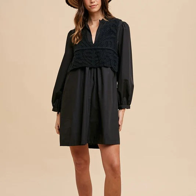 Annie Wear Crochet Vest Notched Long Sleeve Shirt Dress