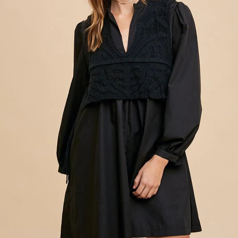 Annie Wear Crochet Vest Notched Long Sleeve Shirt Dress