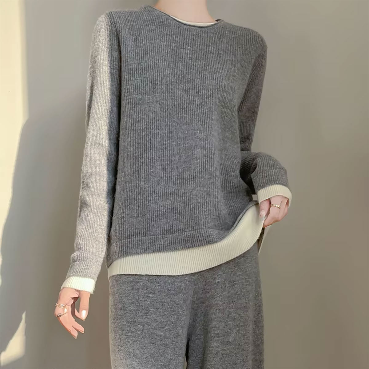 Pure Wool O-Neck Two-Piece Knit Set