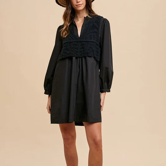 Annie Wear Crochet Vest Notched Long Sleeve Shirt Dress